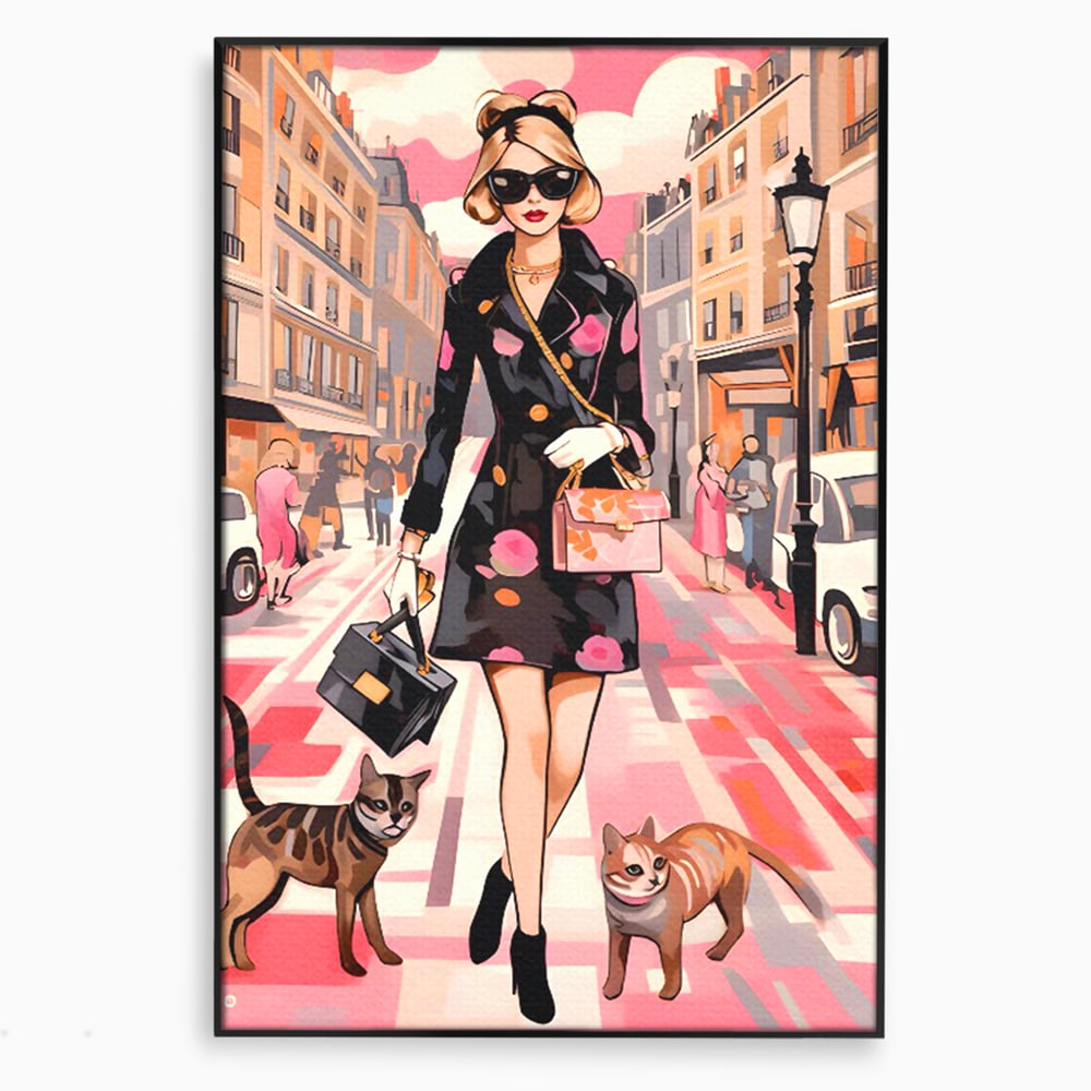 Tablou canvas cu ilustratie fashion cu femeie si pisici, in rama de aluminiu negru